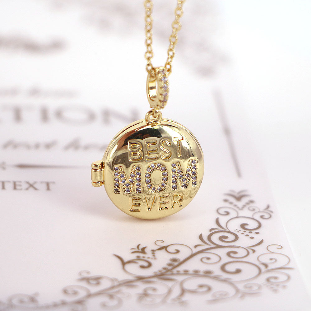 Mother's Day Picture insert Round Diamond Pendant Necklace