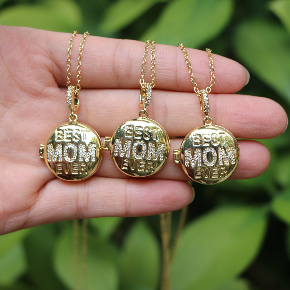 Mother's Day Picture insert Round Diamond Pendant Necklace