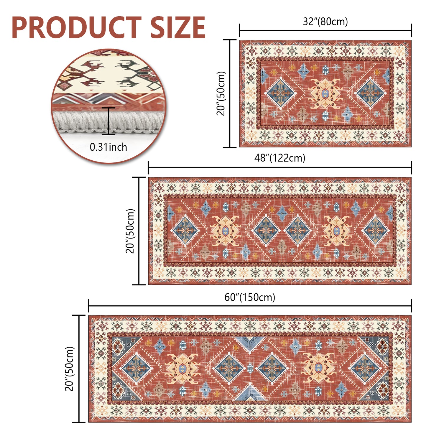 3-Piece Boho Kitchen Rug Set with Runner