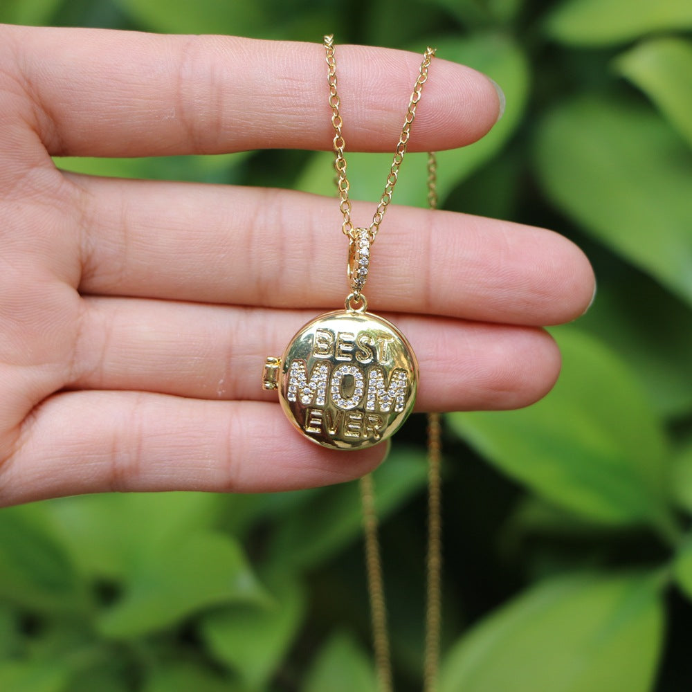 Mother's Day Picture insert Round Diamond Pendant Necklace